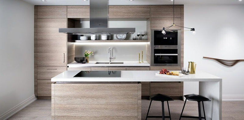 contemporary open kitchen with range hood